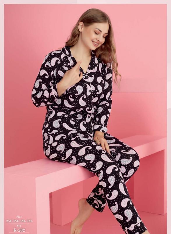 Pamuklu Likralı Büyük Beden DÜĞMELİ Battal Pijama Takım
