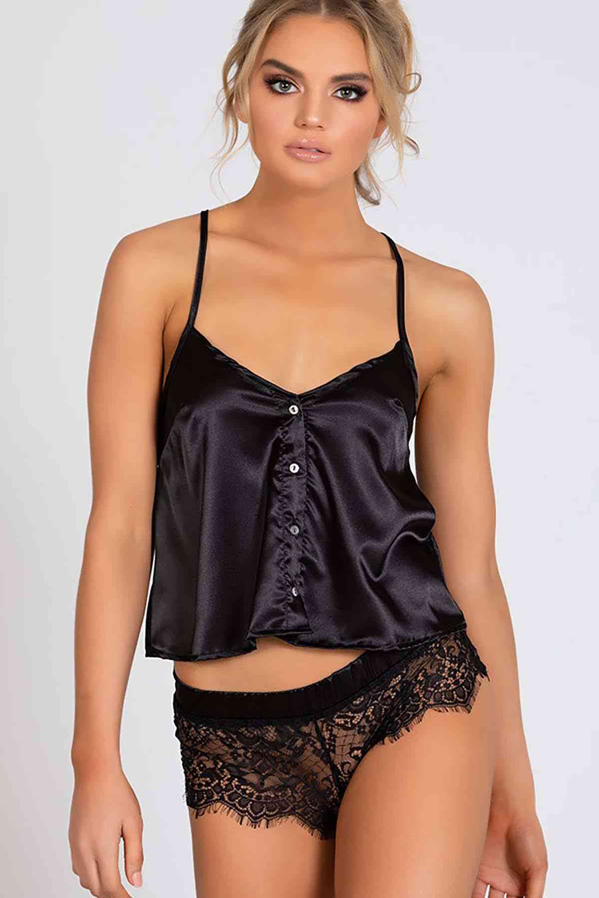 Merry See Dantelli Saten Şortlu Pijama Takım Siyah