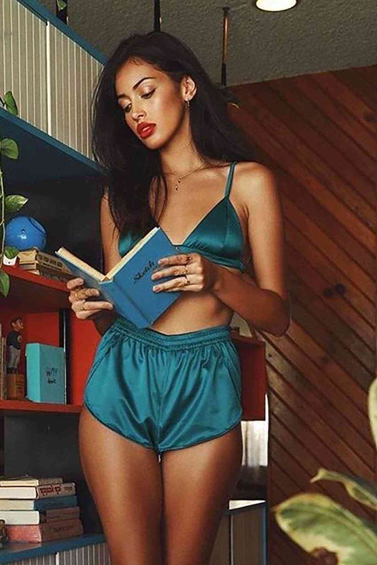 Merry See Saten Sütyen Şort Pijama Takım Yeşil