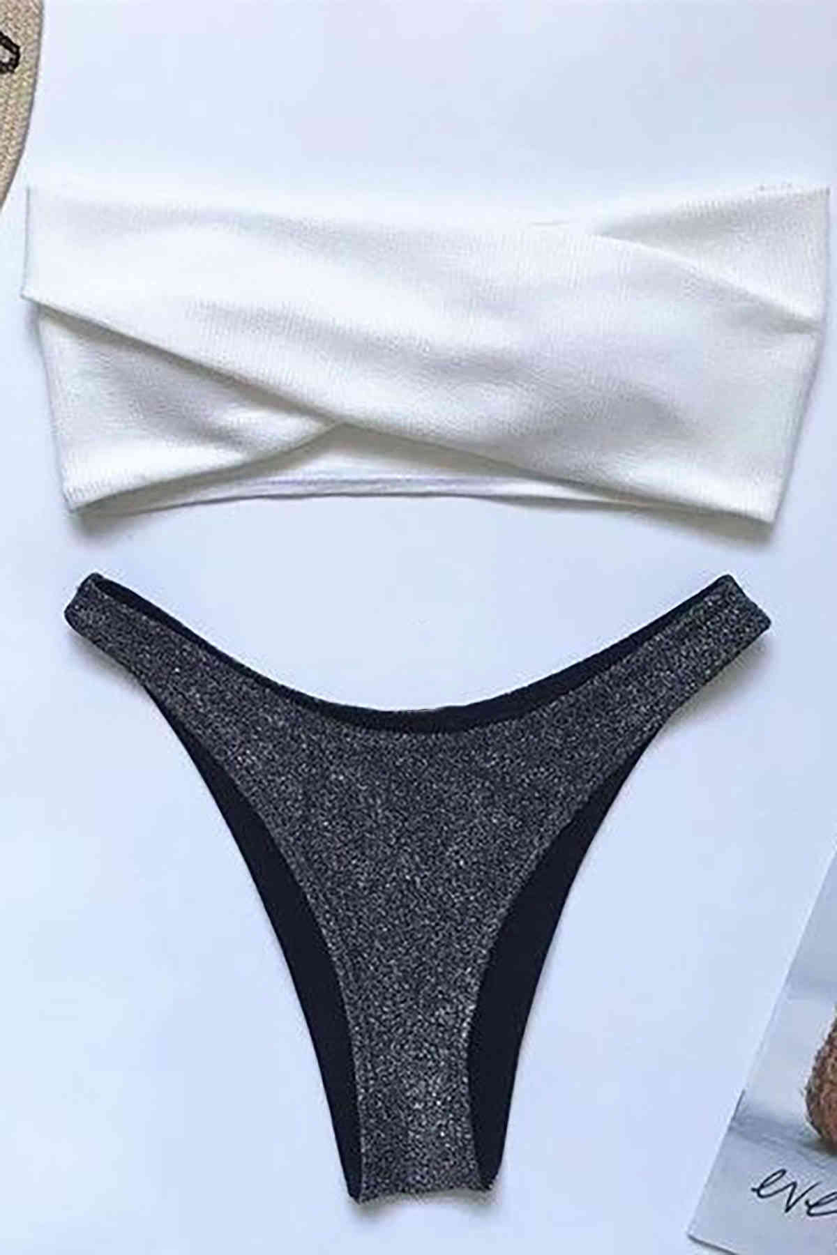 Angelsin Altı Simli Üstü Beyaz Bikini Takım Çok Renkli