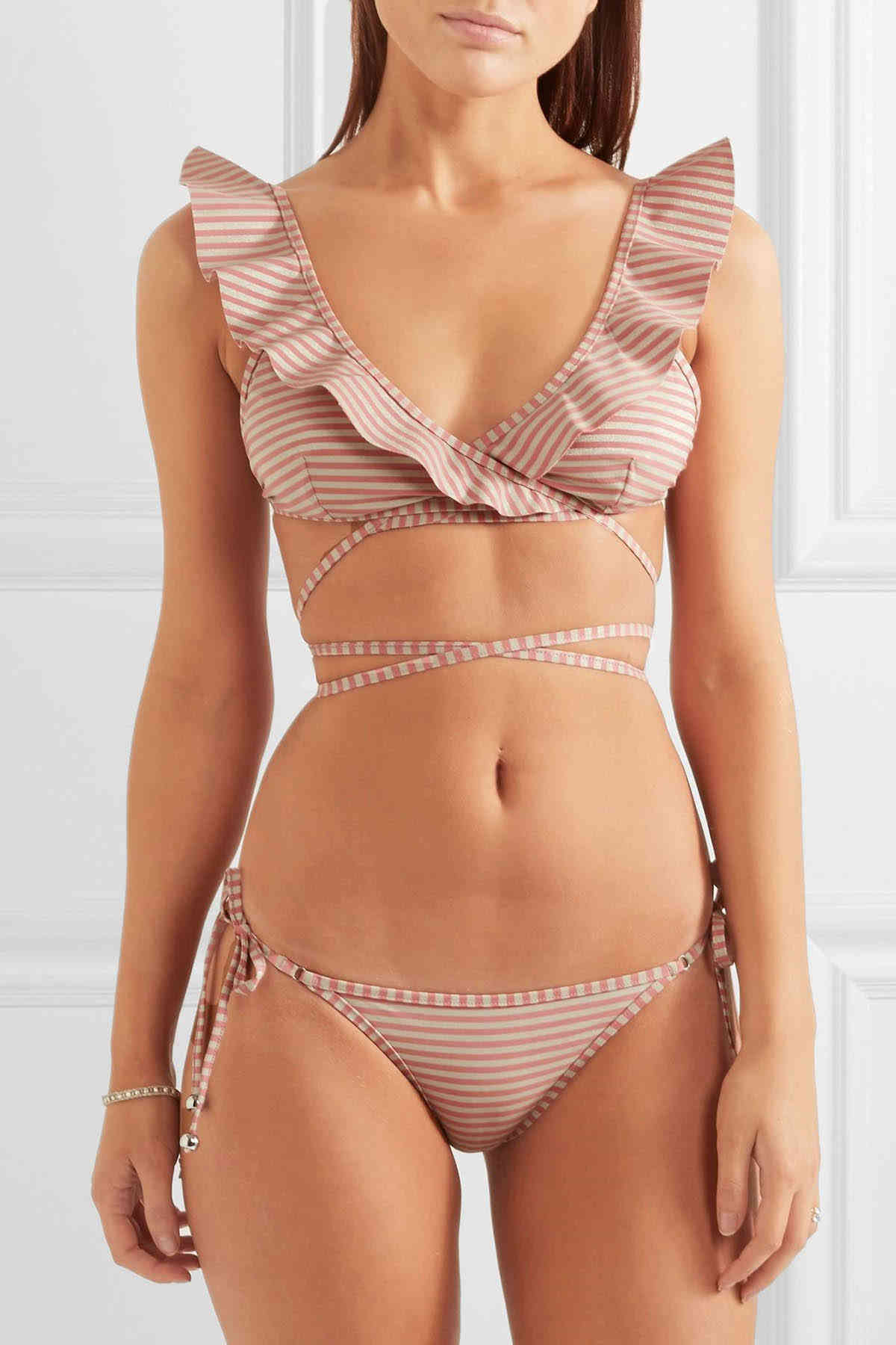 Angelsin Fırfırlı Çizgili Bikini Takım
