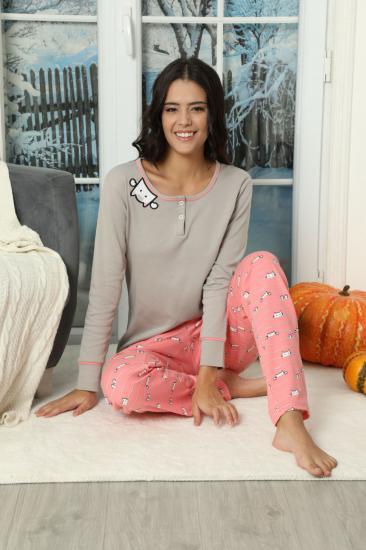 Nakışlı Düğmeli İnterlok Pijama Takımı