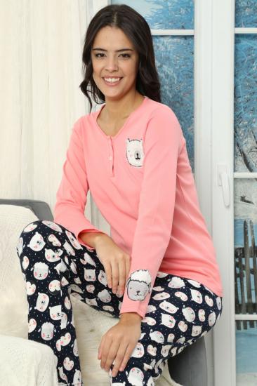 Nakışlı Düğmeli İnterlok Pijama Takımı