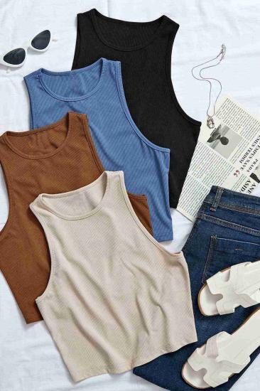 Merry See 4’lü Paket 4 Renk Takım Kadın Kolsuz Örme Kumaş Bluz Crop Çok Renkli