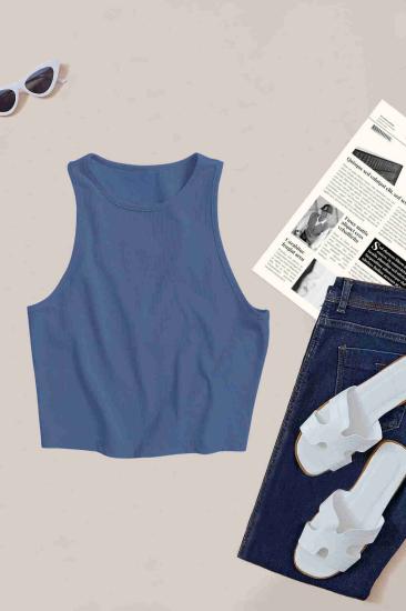 Merry See Tek Renk 1 Adet Kadın Kolsuz Örme Kumaş Bluz Crop Mavi