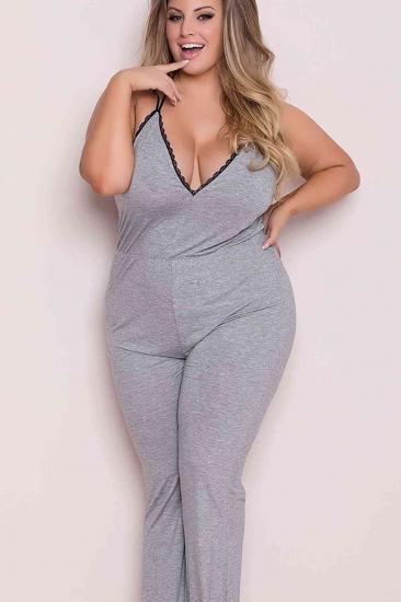 Merry See Büyük Beden Gri Dantel İşlemeli Eşofman Pijama Tulum