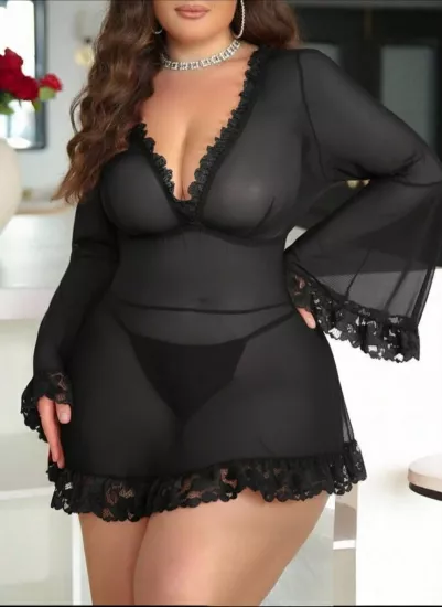 Büyük Beden Likralı Dantel Detaylı 2’li Gecelik ve Tanga Takım Siyah