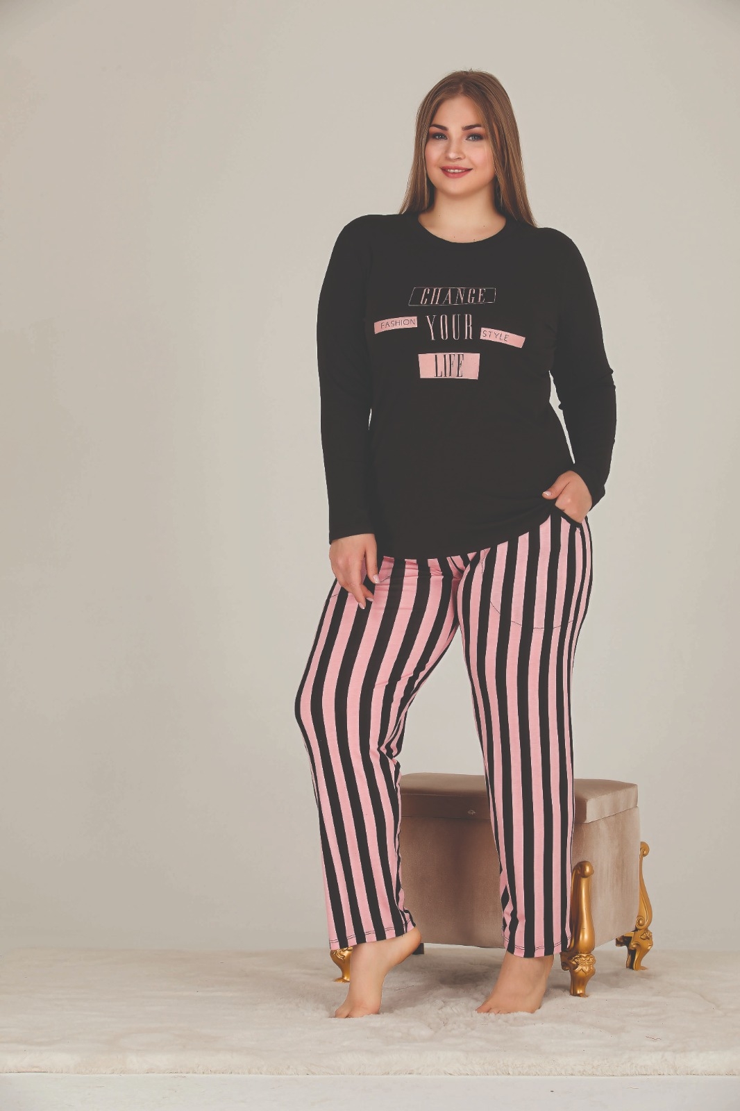Pamuklu Likralı Büyük Beden uzun Kol   Battal Pijama Takım