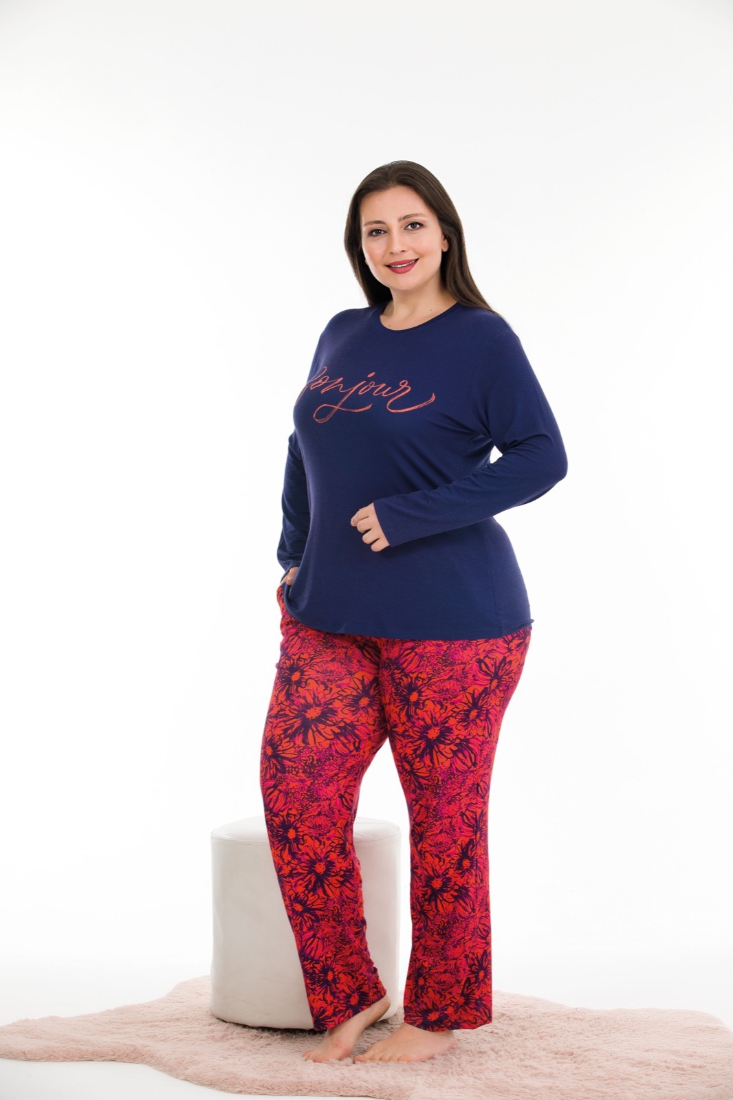 Pamuklu Likralı Büyük Beden uzun Kol   Battal Pijama Takım