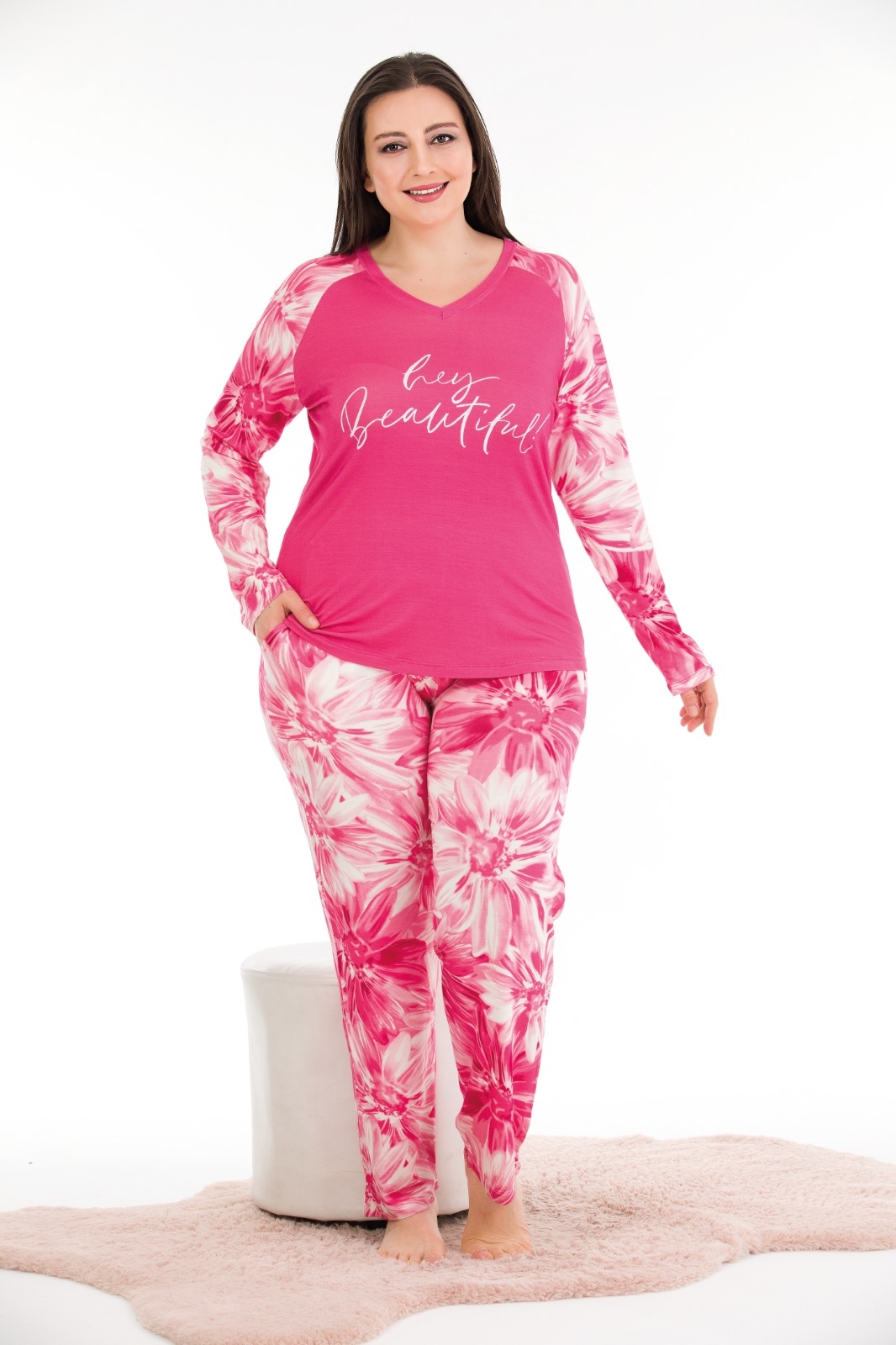 Pamuklu Likralı Büyük Beden uzun Kol   Battal Pijama Takım