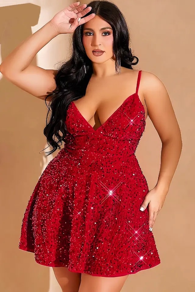 Büyük Beden Pul Detaylı Kadife Fantazi Gece Elbisesi  Kırmızı