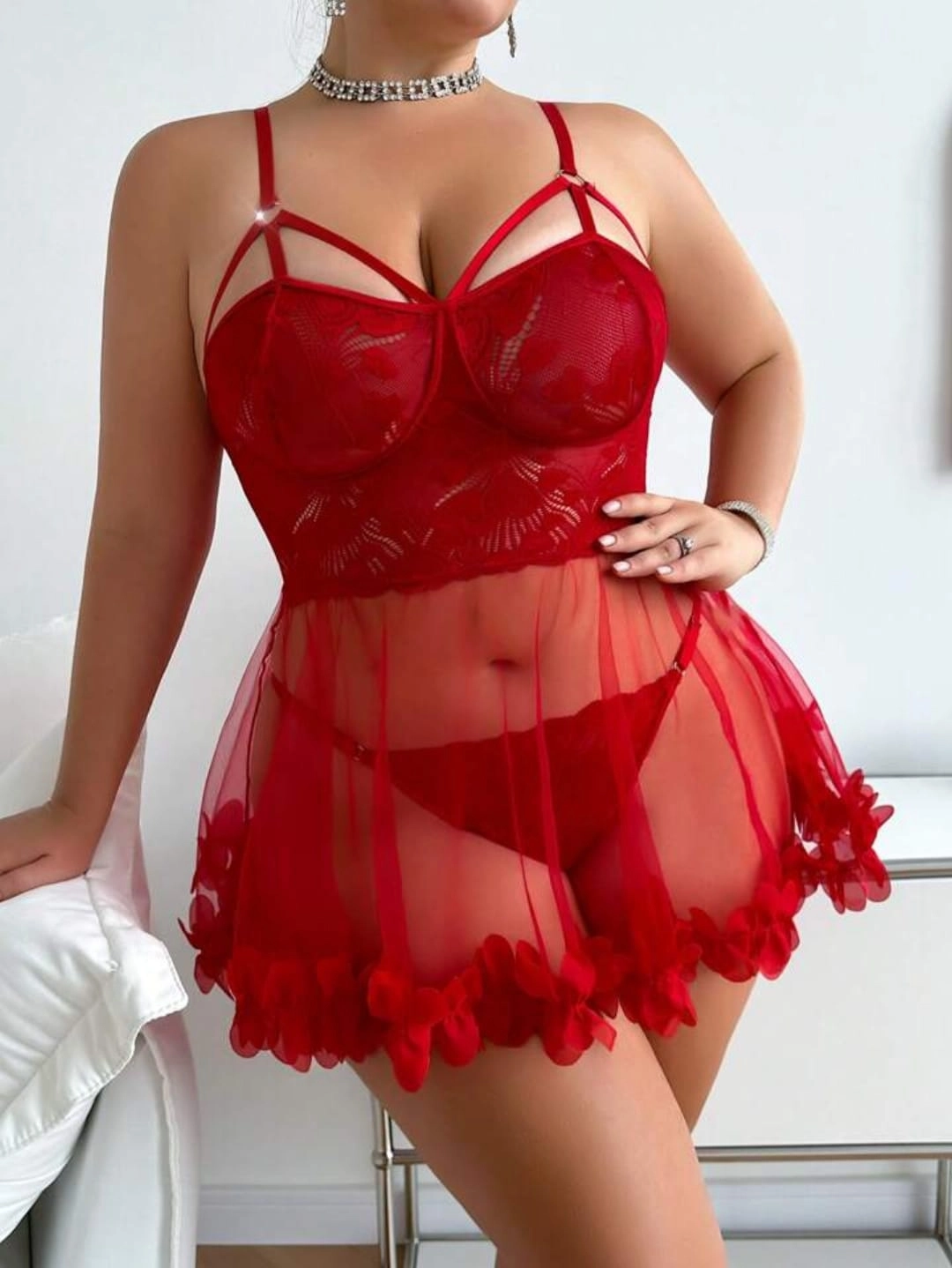 Büyük Beden Kırmızı Bikini Tanga Hediyeli Gecelik